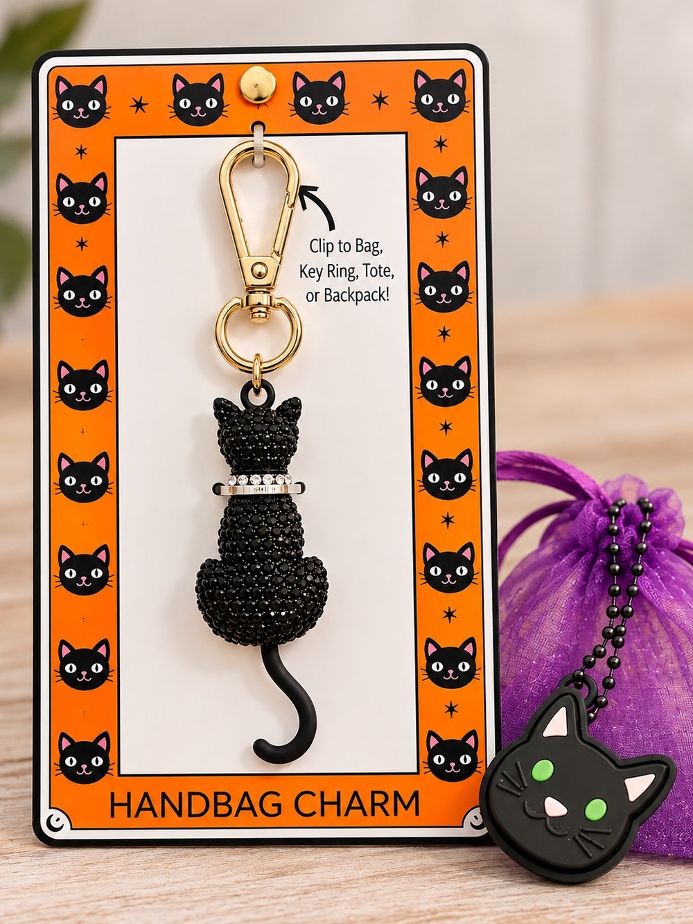 Black Sparkly Cat Handbag Charm, with black cat fidget keychain, NWT!